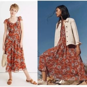 NWT MADEWELL Sheer-Sleeve Button-Front Midi Dress in Gathered Blooms